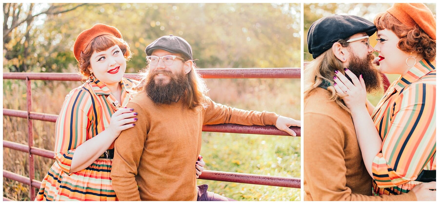 couple cuddling on a fence outside in orange clothing and kissing