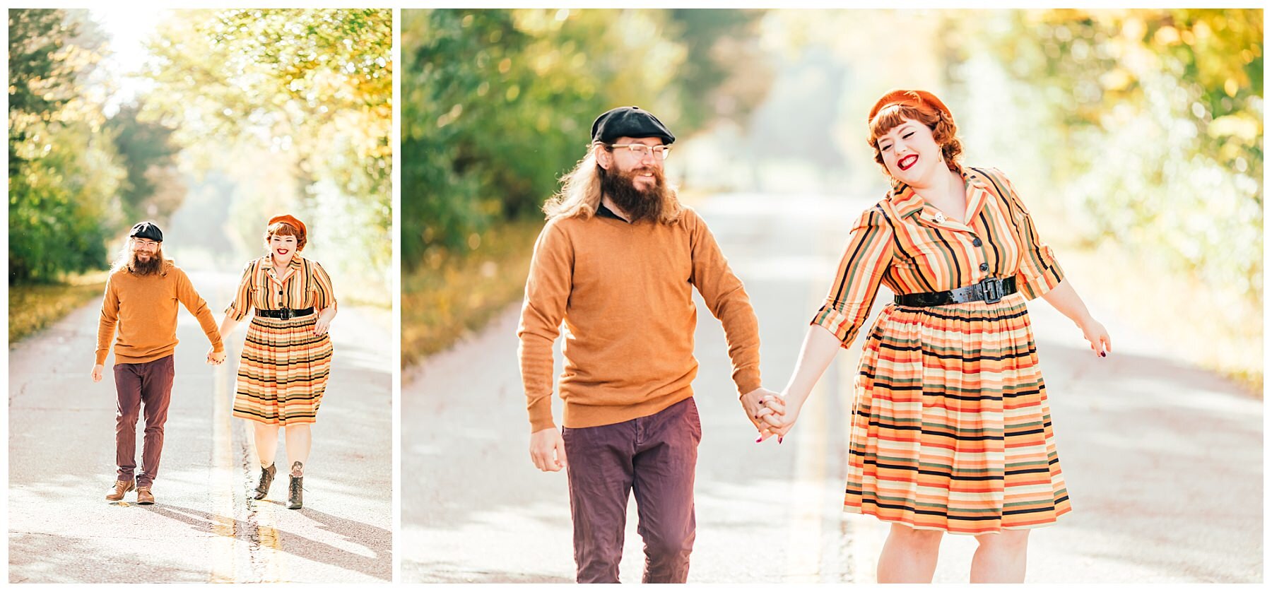 pinup couple walking down the road in the fall