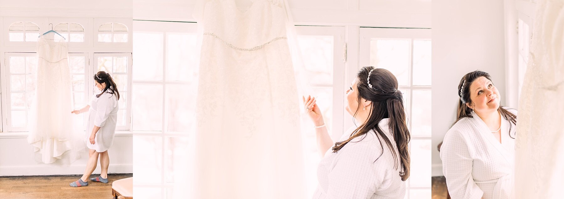 bride looking at her wedding dress in a white room fowler house mansion