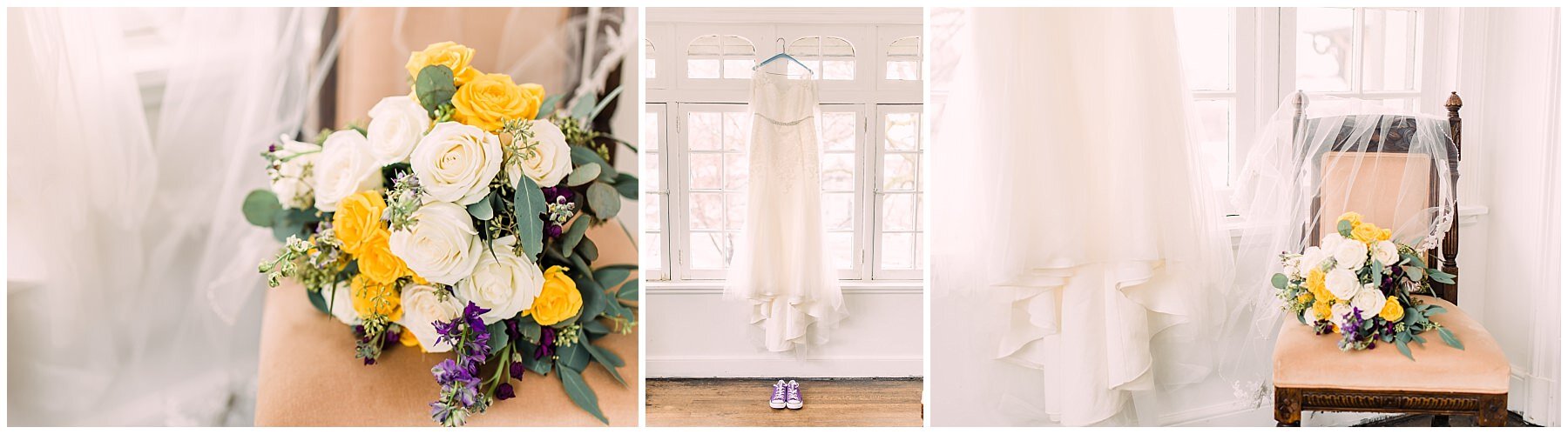 wedding details with upclose bouquet, wedding dress hanging in front of a window and the dress beside the bouquet