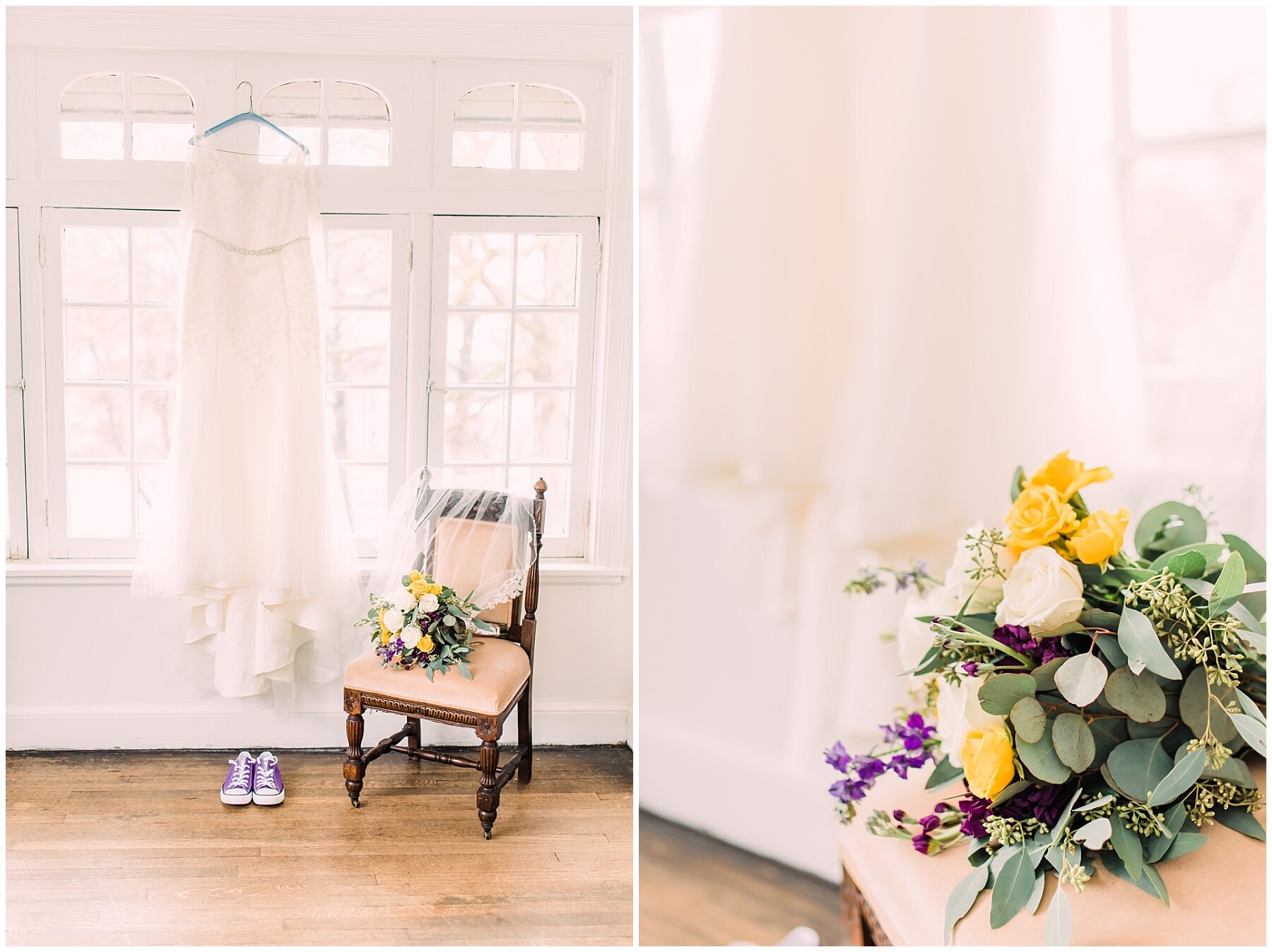 white wedding dress and floral bouquet hanging in front of a window