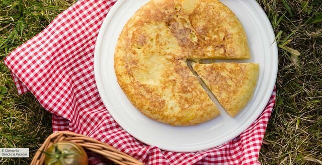 tortilla espanola with a piece cut out of it sitting on a checkered blanket on grass for a picnic