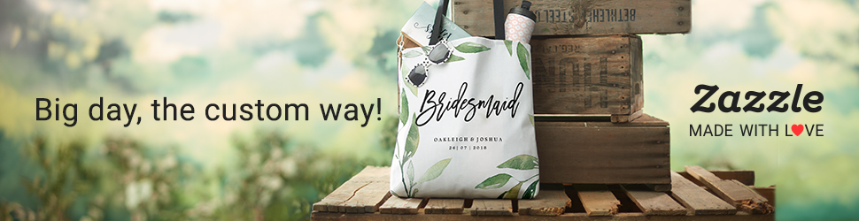 zazzle big day the custom way made, bag resting on a bench with bridesmaid written on the side and boxes behind it
