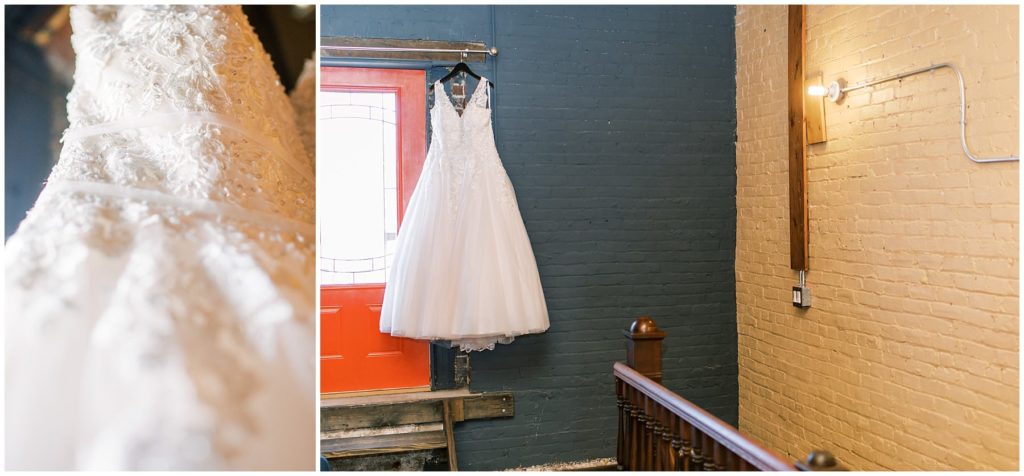 wedding dress hanging up and close up details