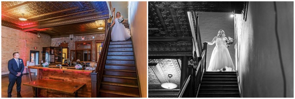 bride walking down stairs to her father