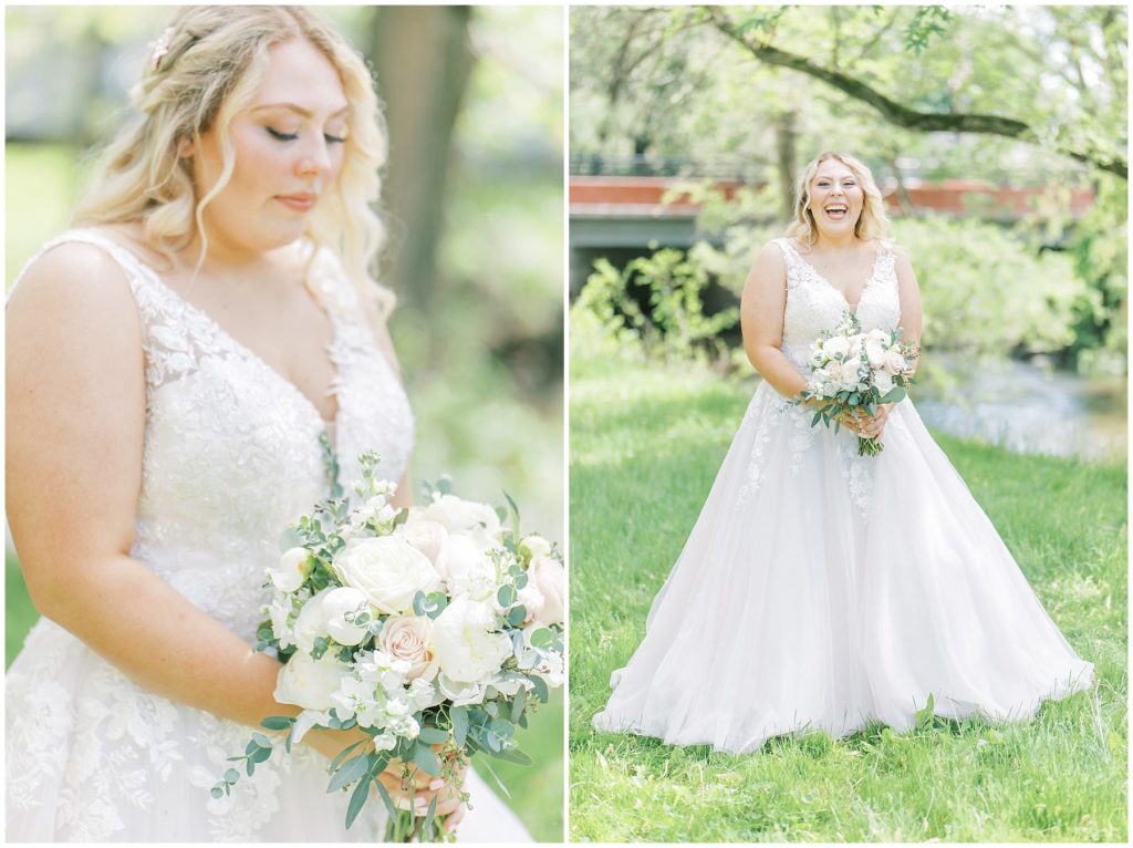 bride and floral bouquet laughing