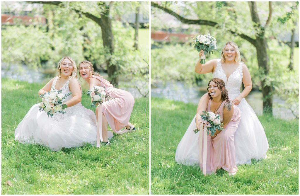 bride and bridesmaids strike a pose