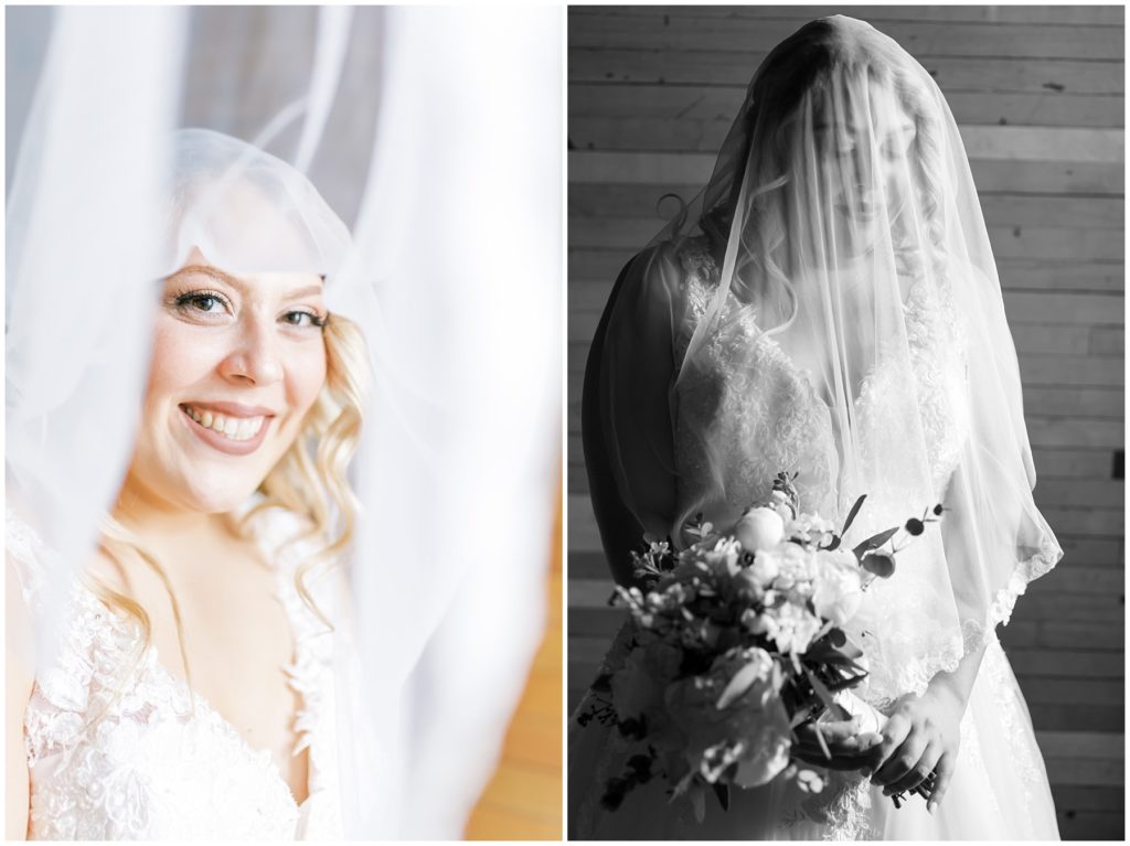 bride in a veil standing with a bouquet