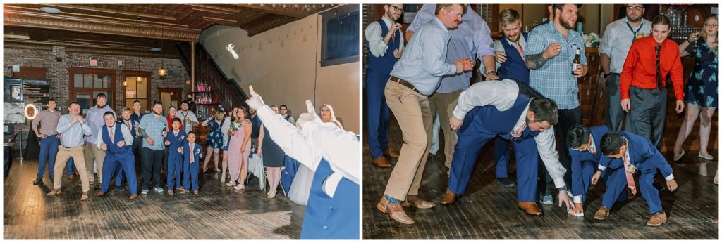 groom tossing garter to men