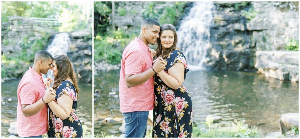 waterfall background with couple at france park