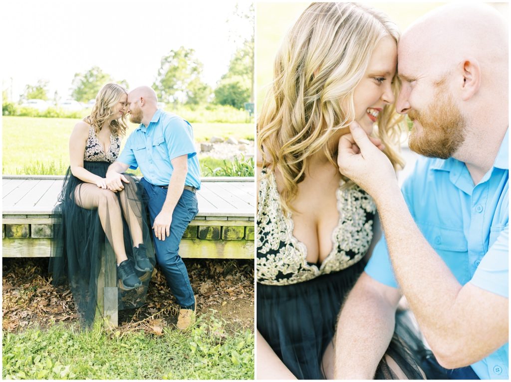 man and woman kissing at their engagement session in west lafayette indiana celery bog