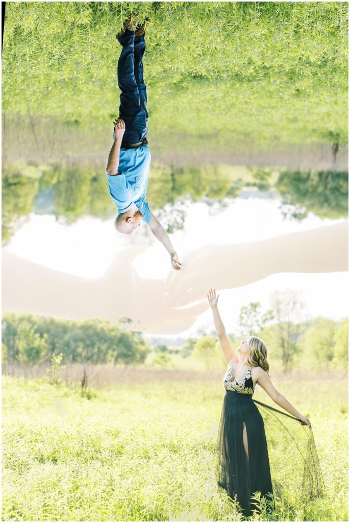 triple exposure at west lafayette indiana celery bog engagement photo with man and woman reaching for one another with hands in the middle