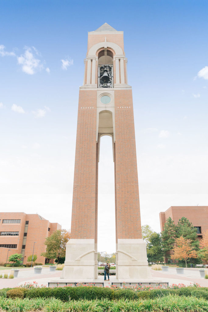 ball state bell tower engagement photo
